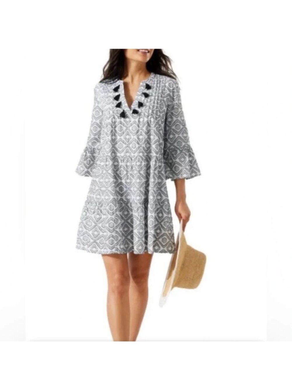 Tommy Bahama Diamond Print Jacquard Tiered Beach Festival Dress Pom Poms Large